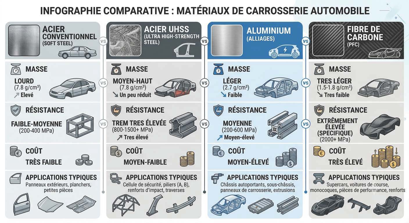 Comparatif des matériaux de carrosserie automobile : acier ultra-résistant, aluminium et fibre de carbone