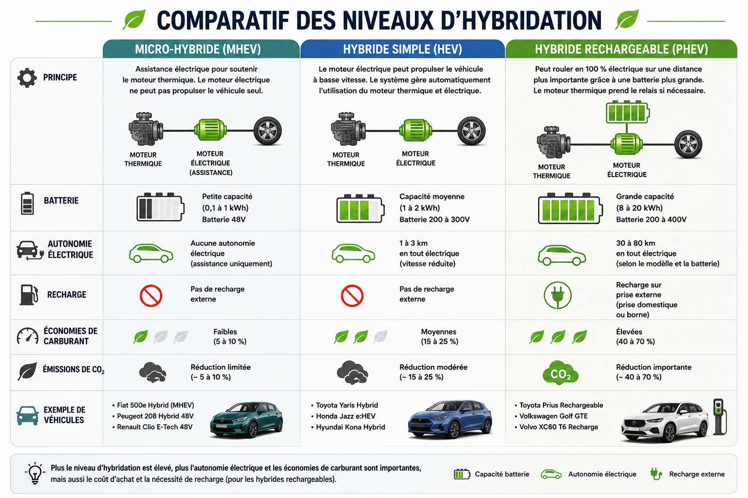 Comparaison des niveaux d'hybridation : micro-hybride MHEV, hybride simple HEV et hybride rechargeable PHEV