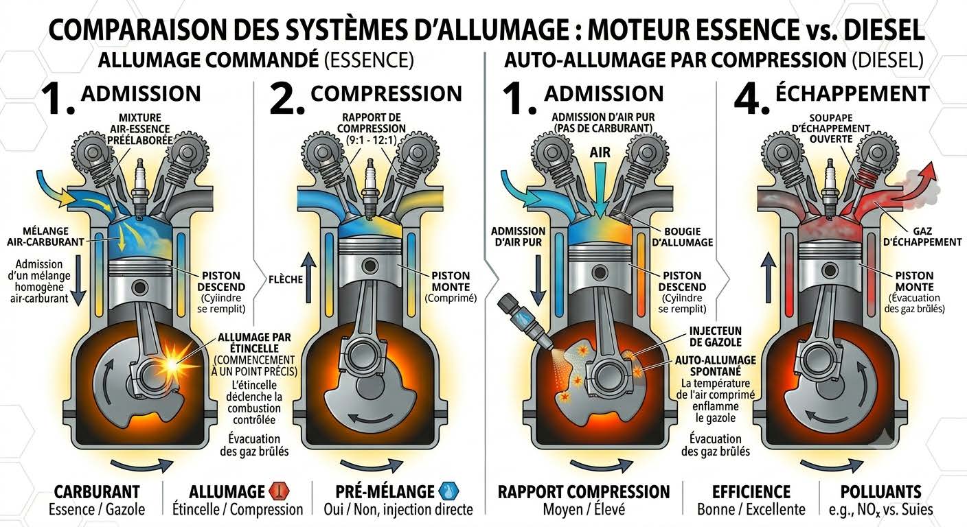 Comparaison entre moteur essence à allumage commandé et moteur diesel à auto-allumage
