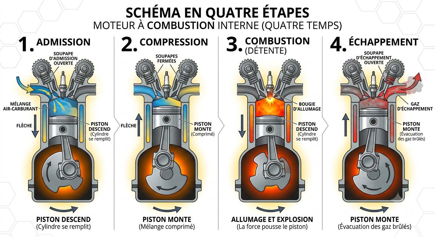 Comment fonctionne un moteur à combustion interne de voiture ? Schéma du cycle à quatre temps d'un moteur à combustion interne : admission, compression, combustion, échappement
