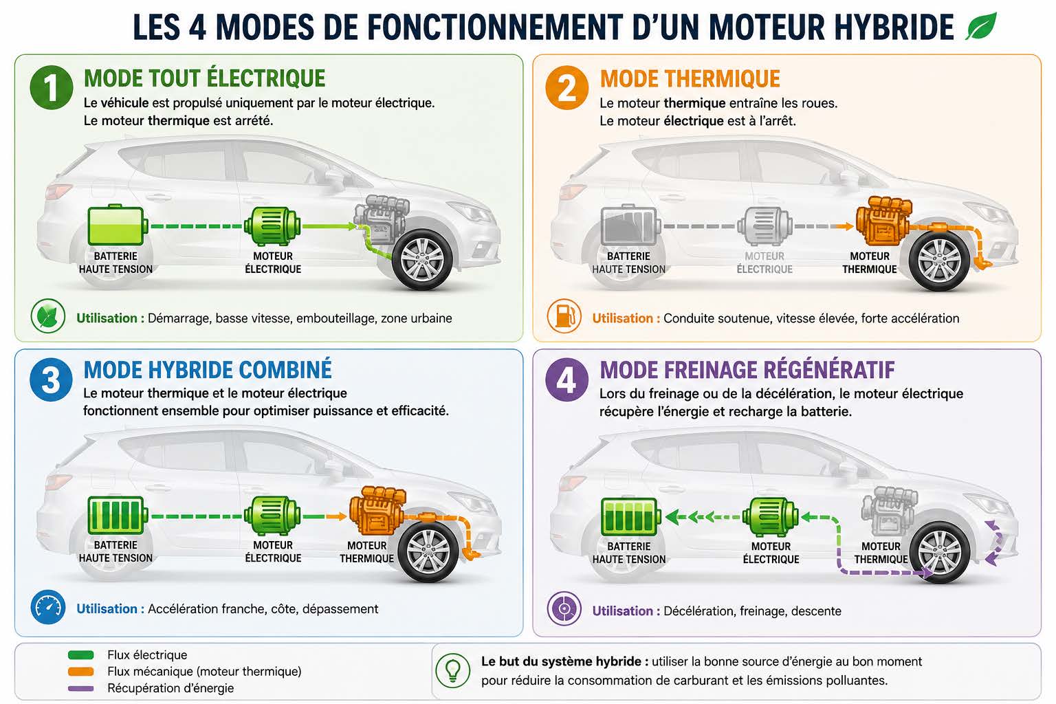 Comment fonctionne un moteur hybride de voiture : Schéma des quatre modes de fonctionnement d'une voiture hybride : électrique, thermique, combiné, régénératif
