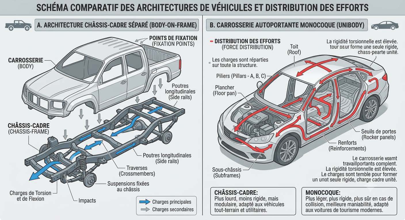 évolution des techniques de conception et fabrication des carrosseries automobiles : Schéma comparatif entre châssis-cadre séparé et carrosserie autoportante monocoque en ingénierie automobile