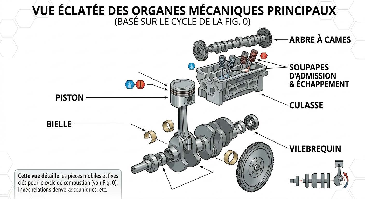 Schéma des organes mécaniques d'un moteur à combustion interne : piston, bielle, vilebrequin, culasse