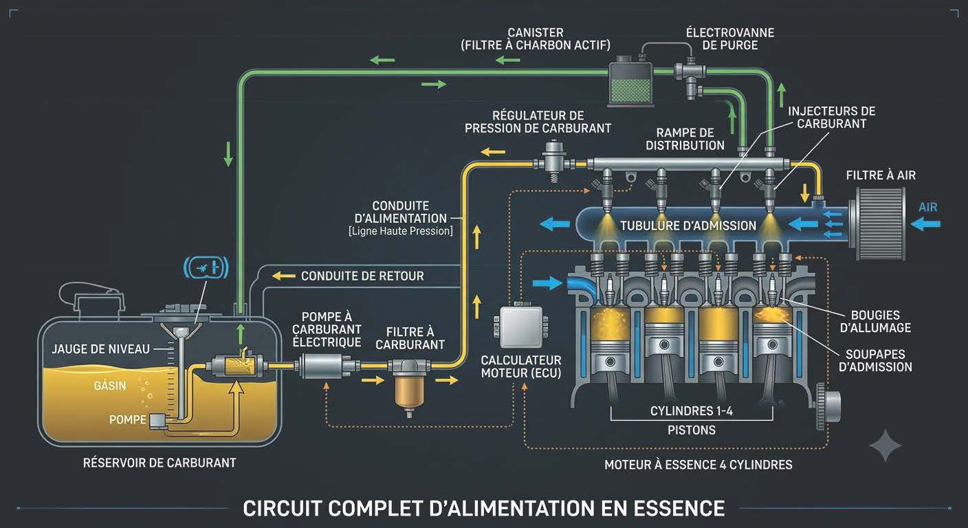 Schéma du système d'alimentation du véhicule moderne avec réservoir, pompe et injecteurs