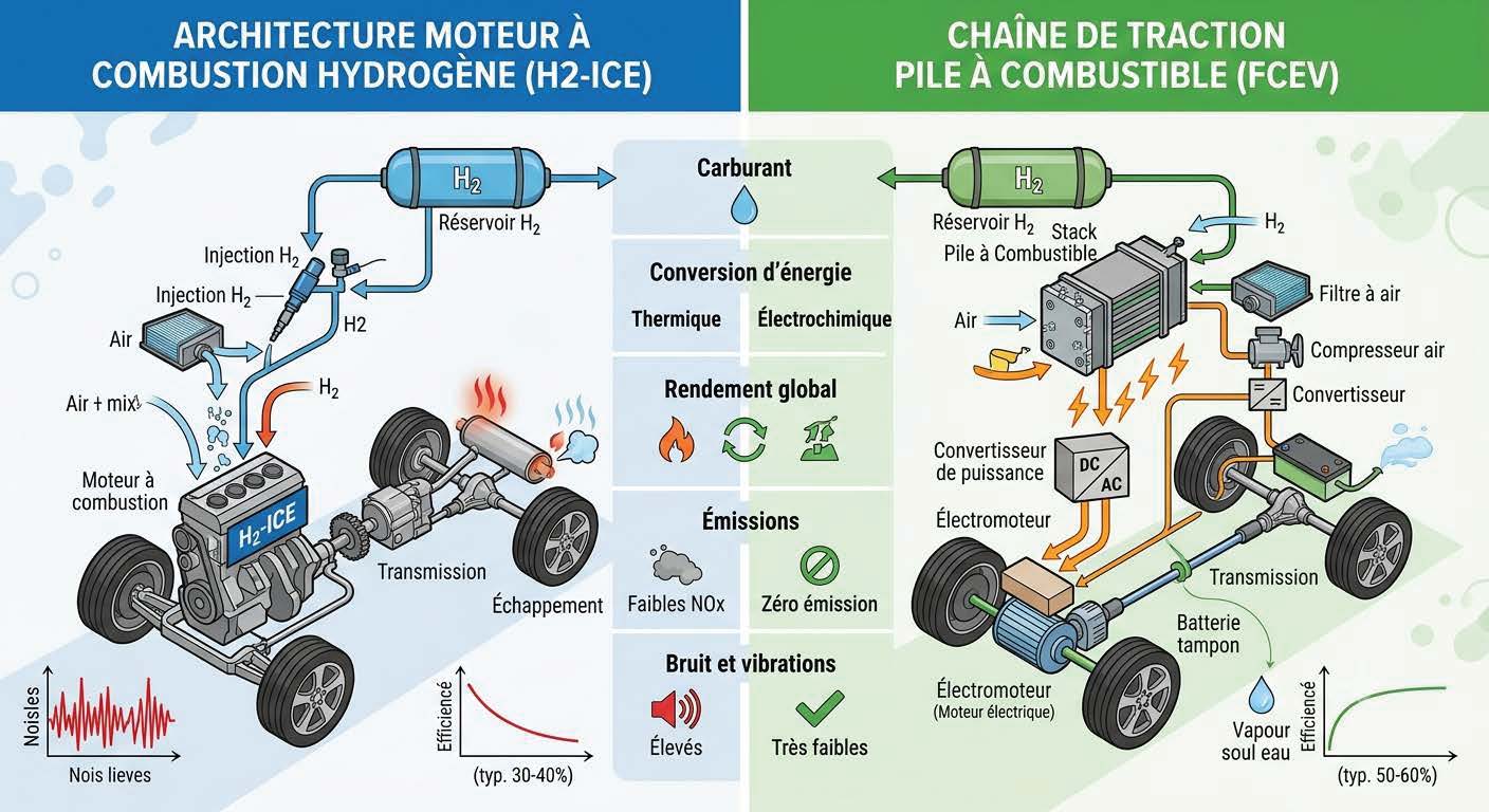 comment fonctionne un moteur automobile à hydrogène : Comparaison entre moteur à combustion d'hydrogène H2-ICE et pile à combustible FCEV