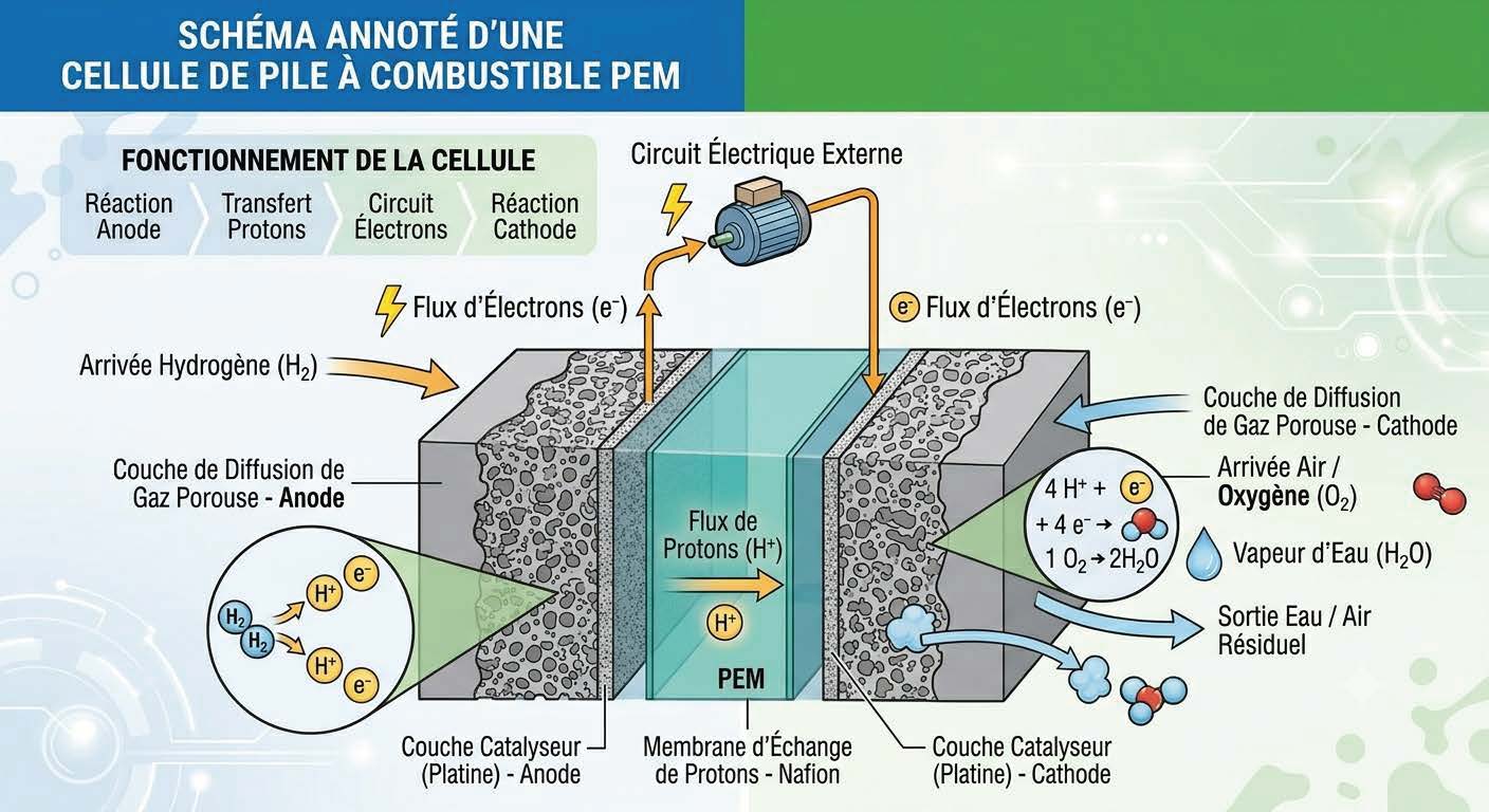 Schéma de fonctionnement d'une cellule de pile à combustible PEM dans un véhicule à hydrogène