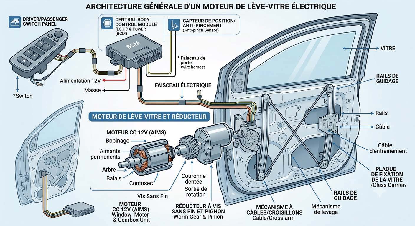 moteur lève-vitre électrique : schéma de principe du système