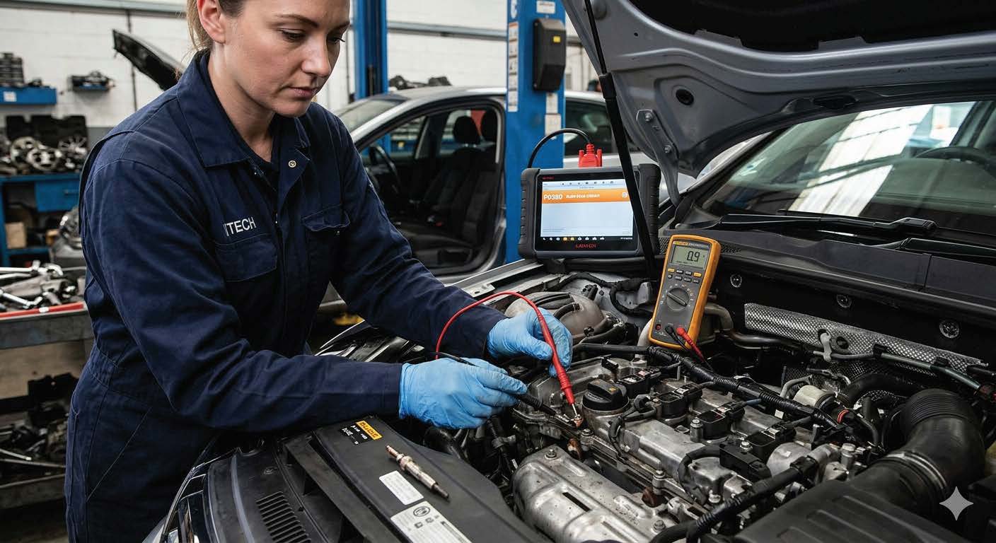 Diagnostic d'une bougie de préchauffage défaillante avec multimètre et valise OBD2 sur moteur diesel