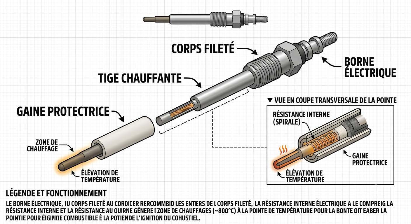 Fonctionnement des bougies de préchauffage : Schéma anatomique d'une bougie de préchauffage diesel avec légende