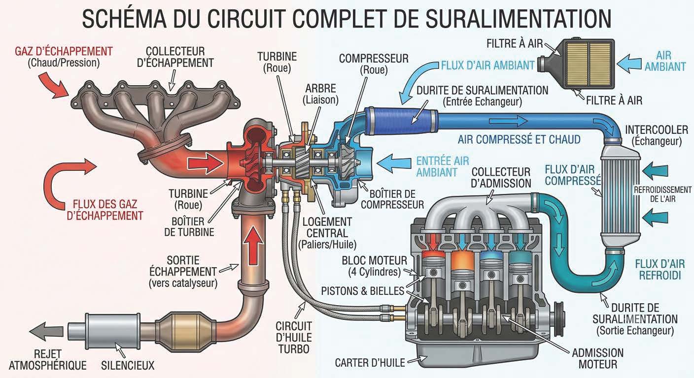 Fonctionnement et maintenance du turbocompresseur : Schéma complet du circuit de suralimentation turbo : de la turbine au compresseur en passant par l'intercooler