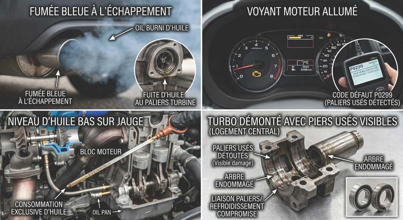 Les symptômes d'un turbocompresseur défaillant : fumées bleues, voyant moteur, consommation d'huile et paliers usés