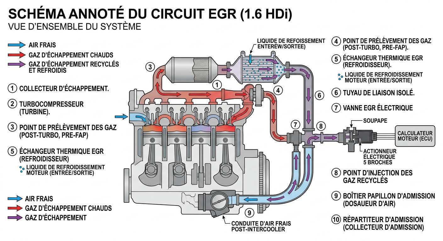 Schéma du fonctionnement de la vanne EGR sur moteur HDi 1.6 : recirculation des gaz d'échappement