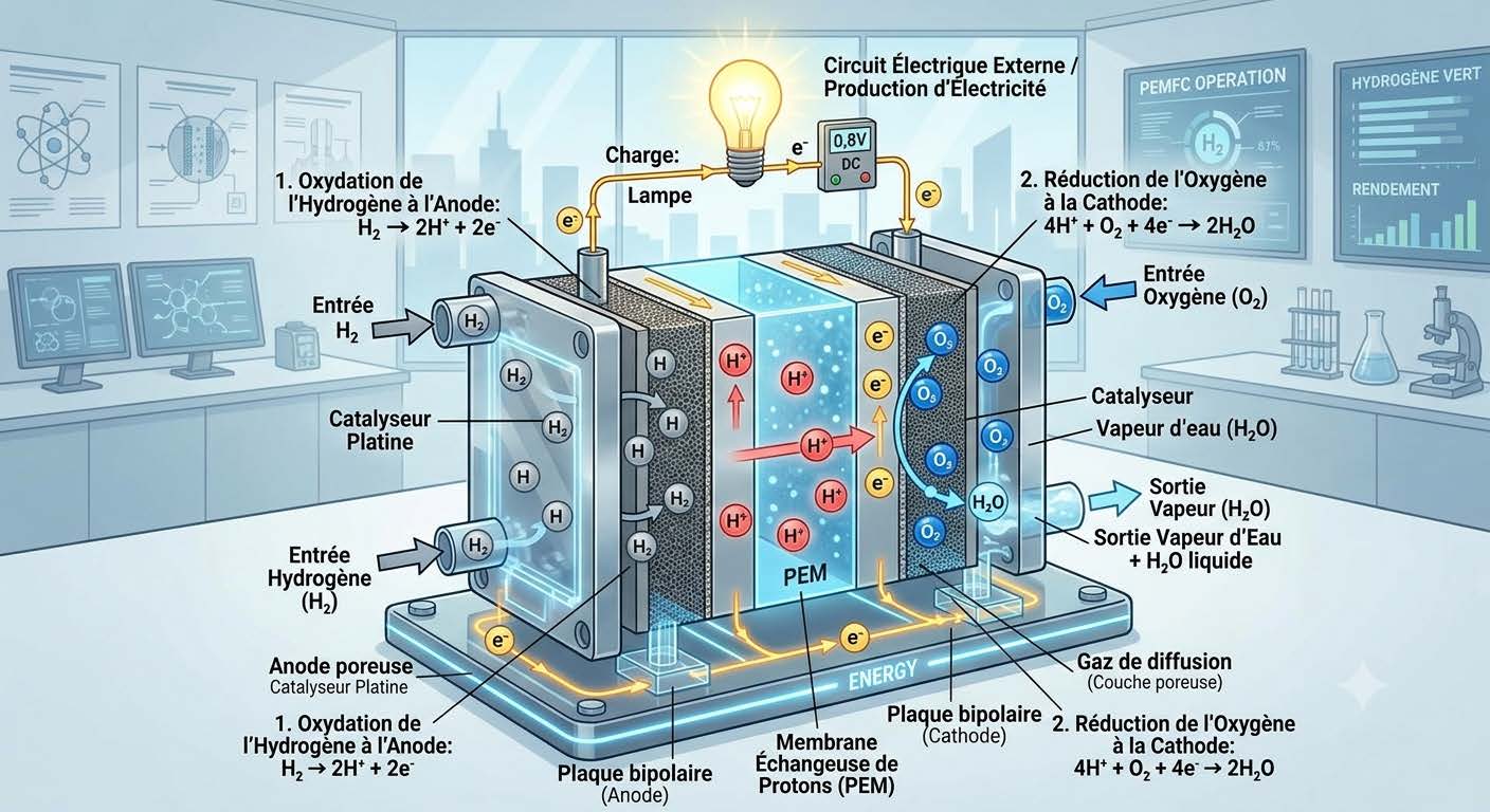Illustration du fonctionnement d'une pile à combustible hydrogène dans un véhicule FCEV