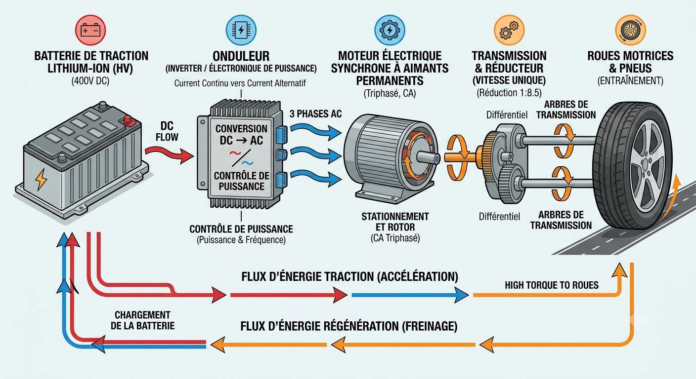 systèmes de propulsion alternatives : Schéma de la chaîne de traction d'un véhicule électrique à batterie, des cellules au moteur de traction