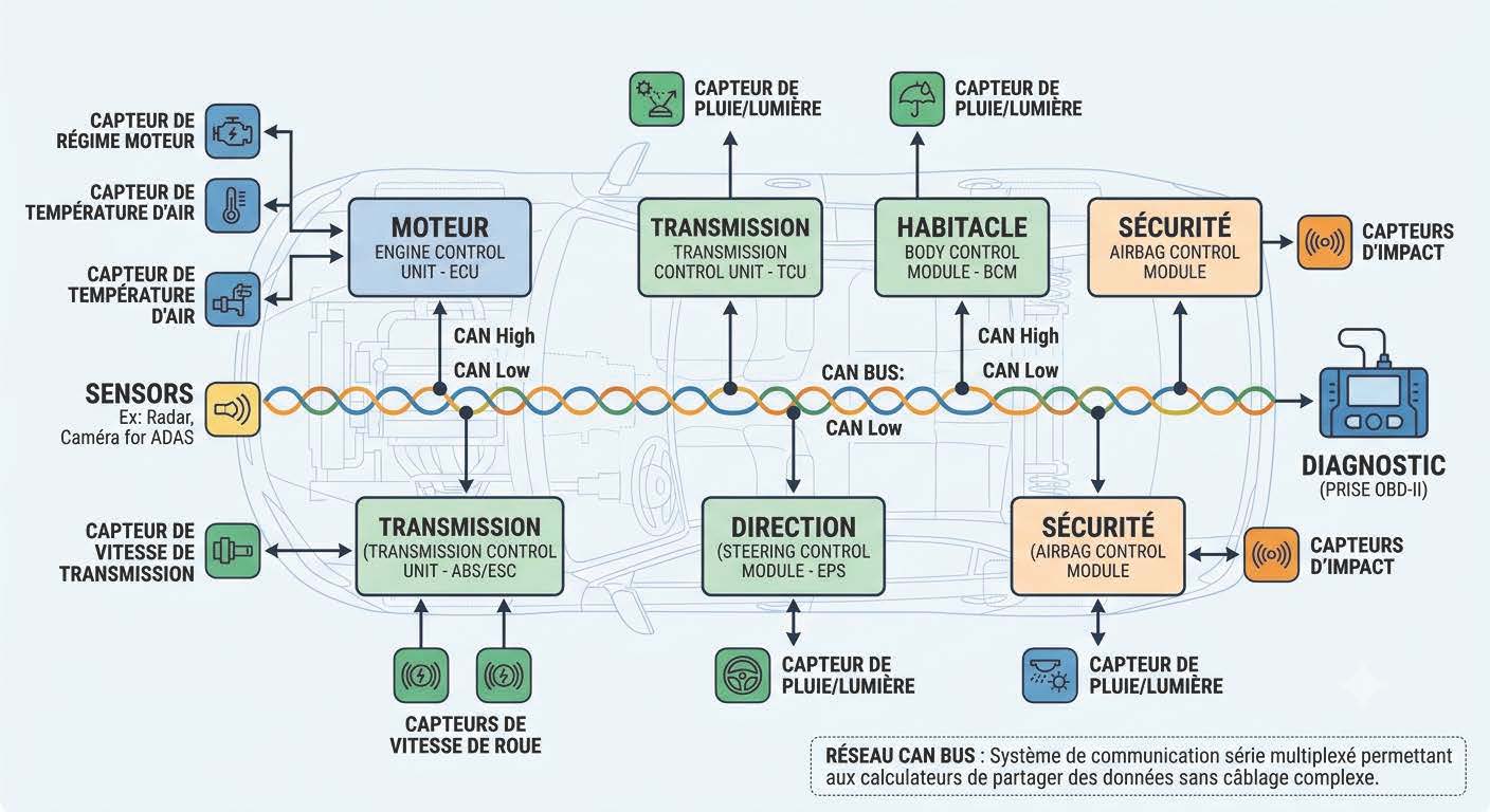 Schéma du réseau CAN Bus automobile reliant les capteurs et calculateurs électroniques du véhicule