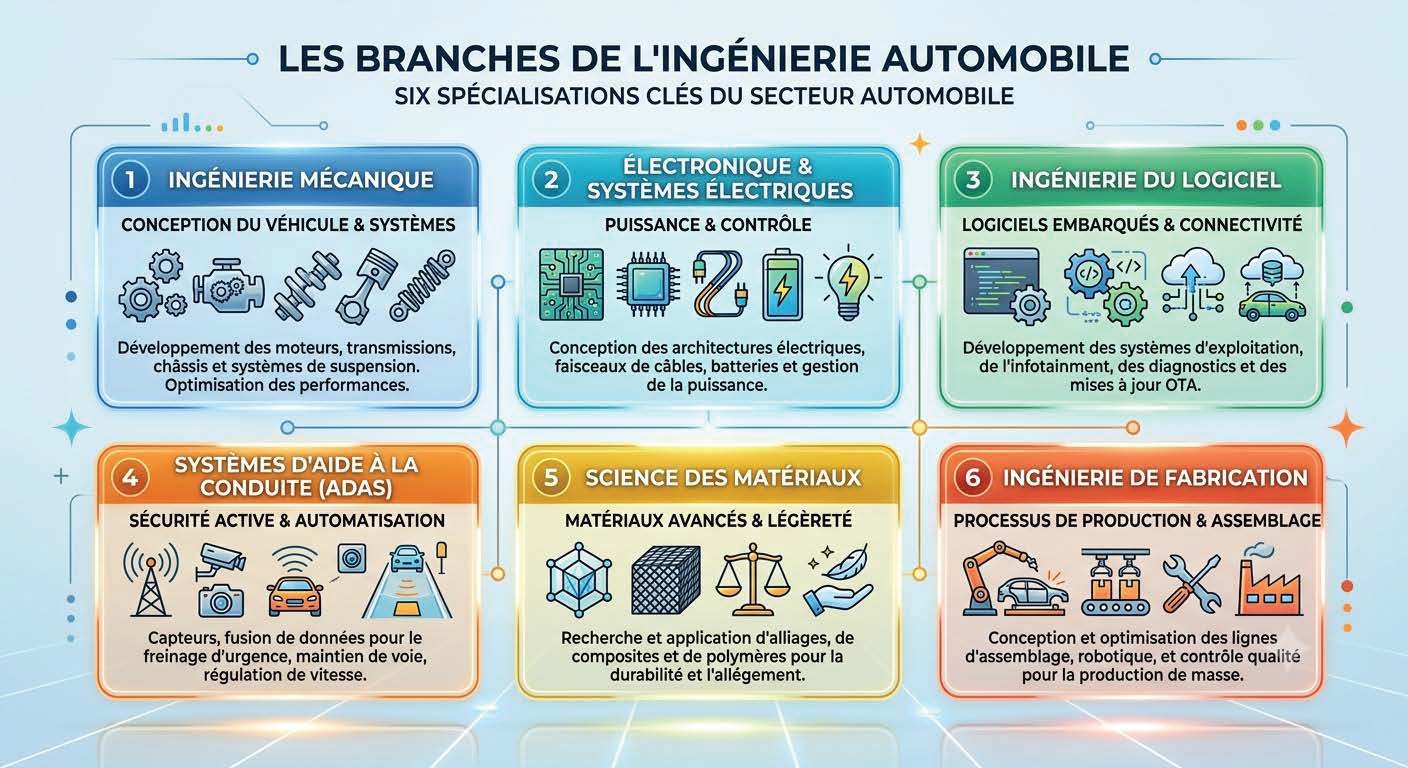 Types et spécialisations de l'ingénierie automobile : Infographie des principales branches