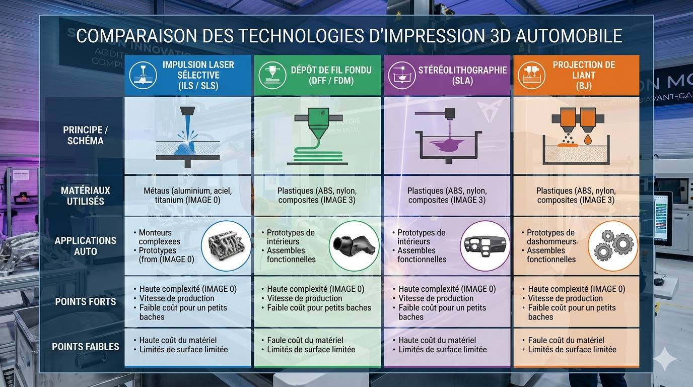 Impression 3D fabrication automobile : comparaison des technologies