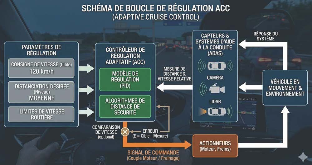 Comment fonctionne le régulateur de vitesse d'une voiture : schéma de boucle de régulation ACC