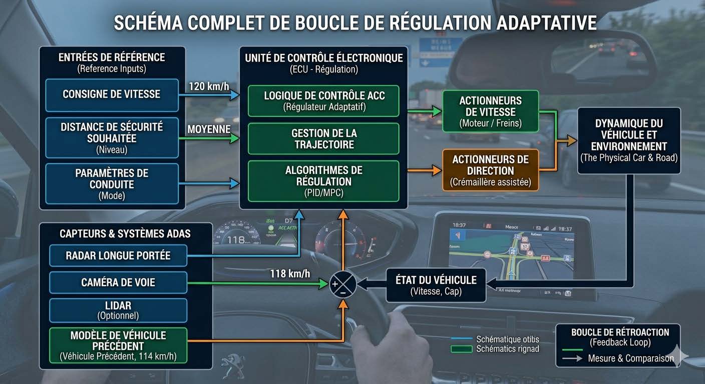 Comment fonctionne le régulateur de vitesse d'une voiture : schéma de régulation adaptative en boucle