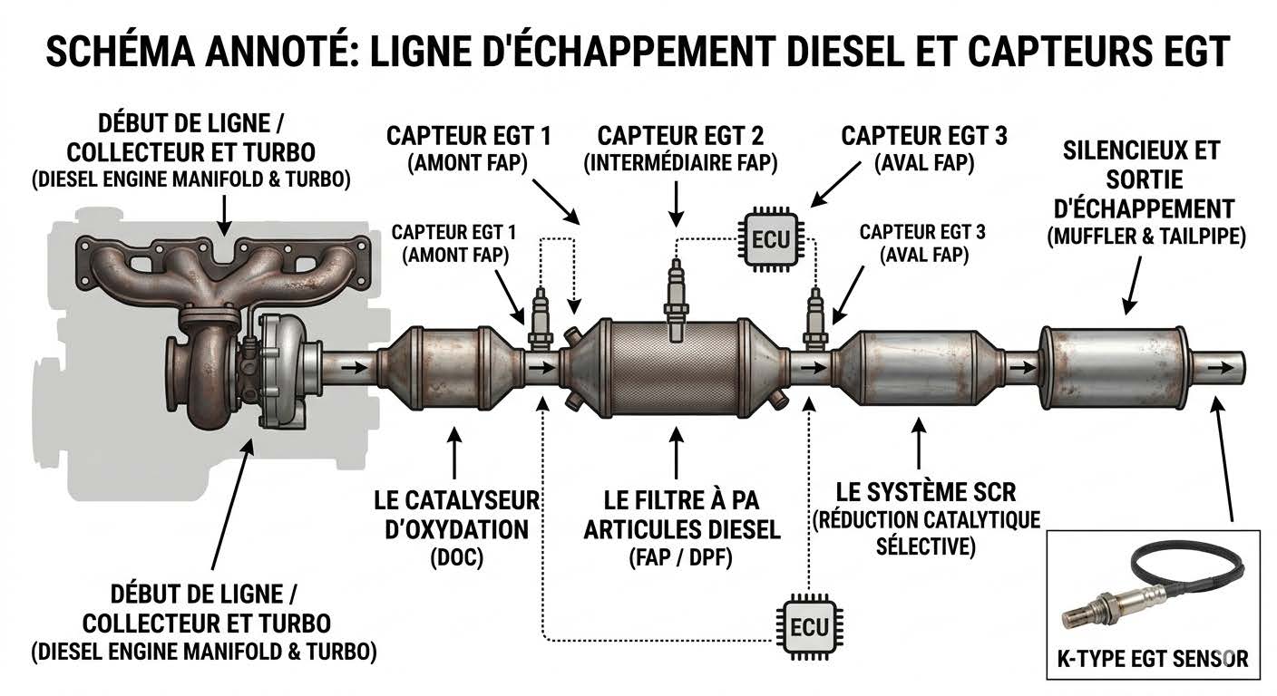 À quoi sert le capteur de température d'échappement : Schéma de position du capteur EGT sur la ligne d'échappement diesel, avant et après le FAP