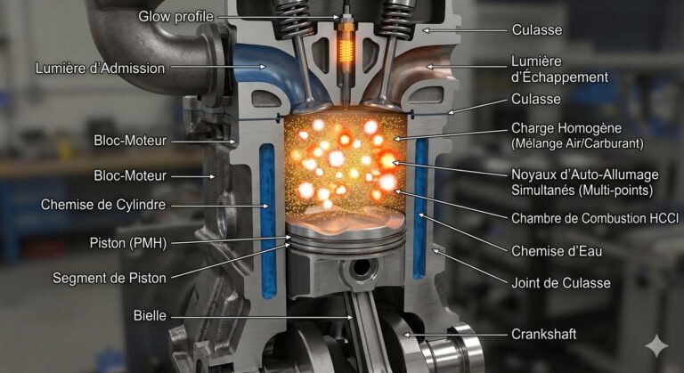 Schéma en coupe du fonctionnement d'un moteur HCCI à combustion homogène par compression