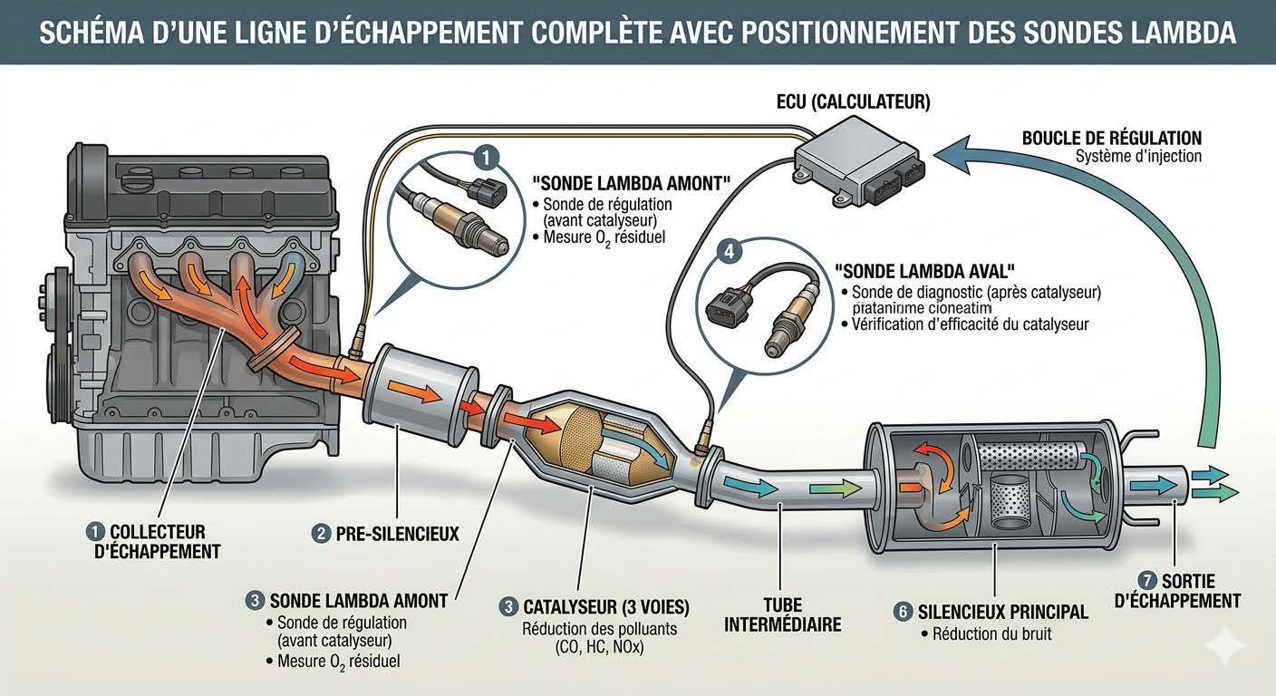 Schéma de positionnement des sondes lambda amont et aval par rapport au catalyseur sur ligne d'échappement