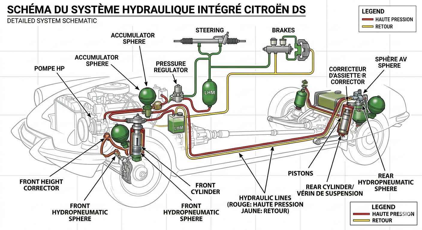 Comment fonctionne la suspension hydropneumatique Citroën : schéma du système intégré
