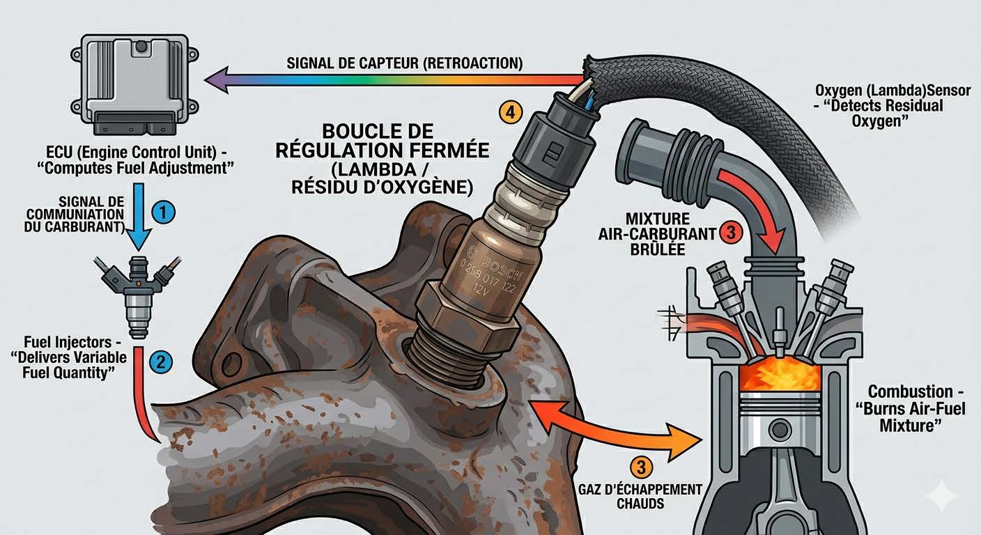 comment fonctionne la sonde lambda sur un moteur essence : Schéma du fonctionnement de la sonde lambda en boucle de régulation fermée sur moteur essence