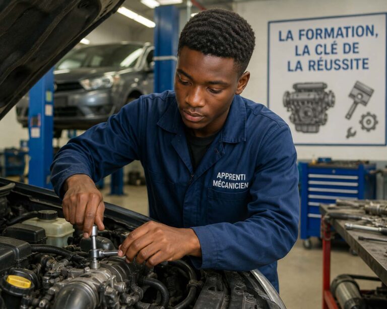 comment devenir mécanicien automobile : Jeune mécanicien automobile en formation dans un atelier