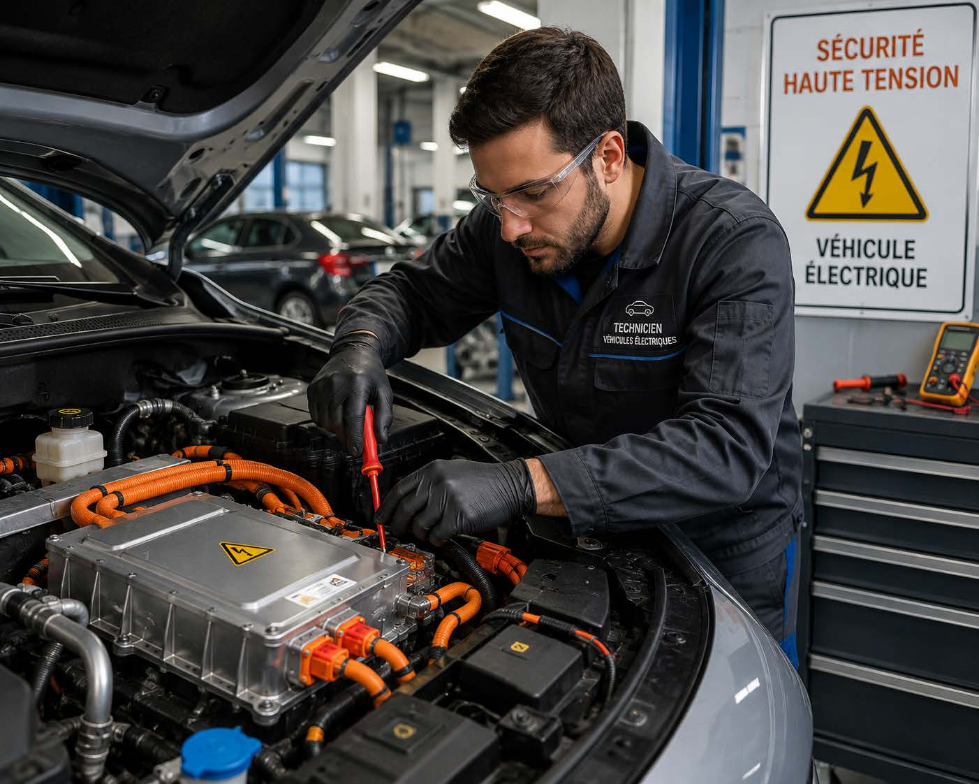 Mécanicien travaillant sur un véhicule électrique
