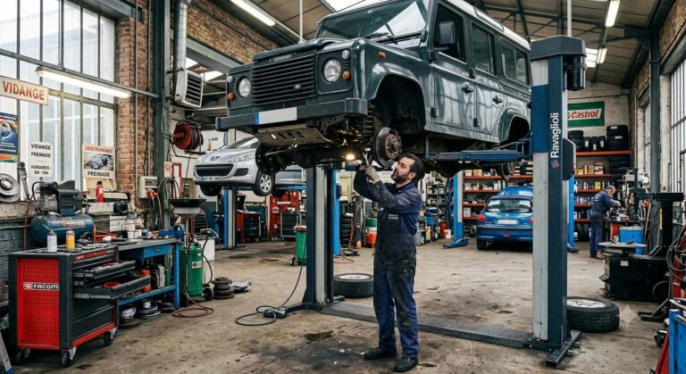 Intérieur d'un garage mécanique avec pont élévateur