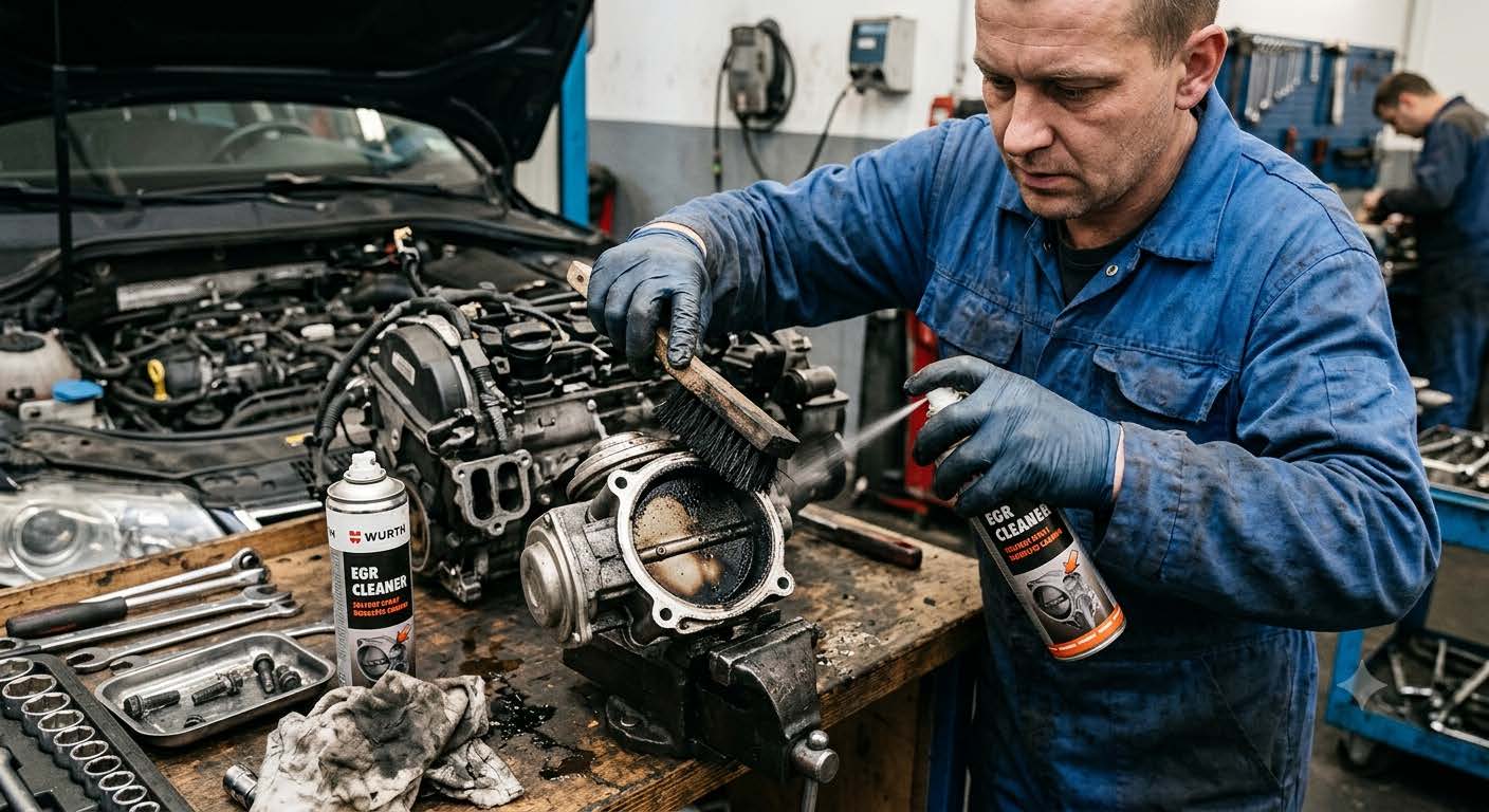 Nettoyage du clapet d'une vanne EGR avec brosse et spray