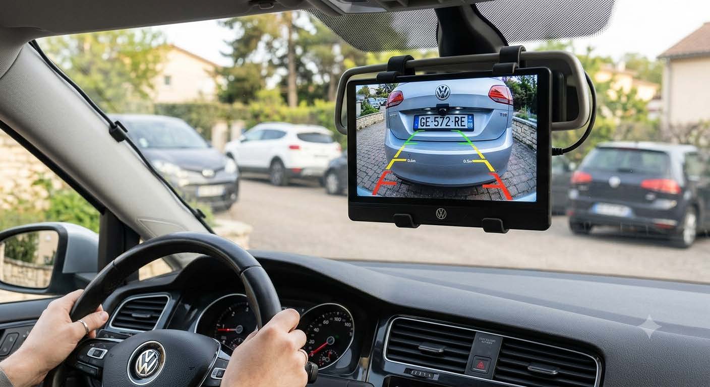comment installer une caméra de recul : Écran de caméra de recul fixé sur le rétroviseur