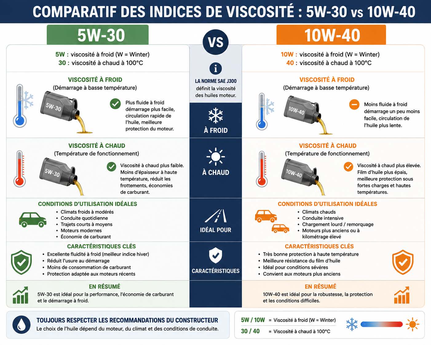 Comment choisir son huile moteur : Comparatif visuel des indices de viscosité 5W30 et 10W40