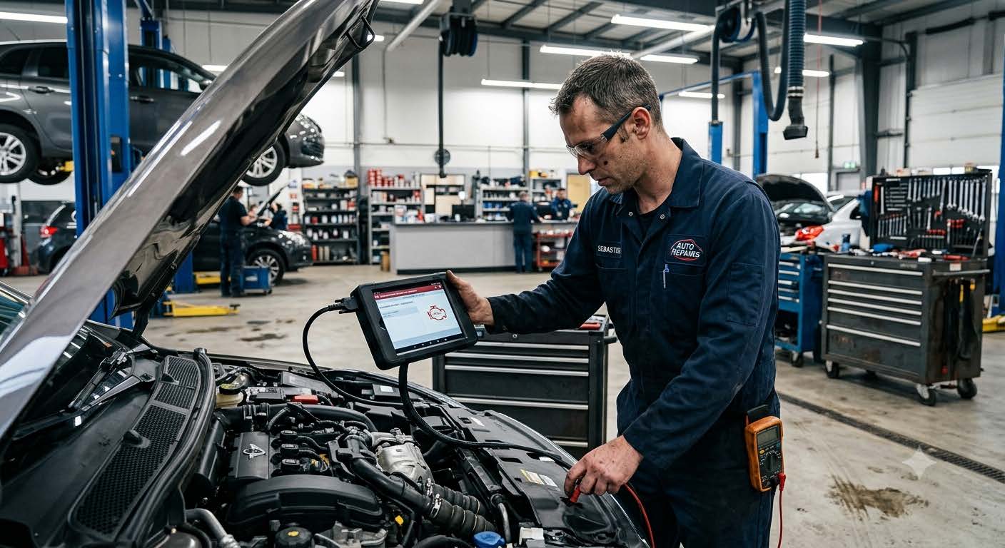 bruit moteur anormal : Mécanicien réalisant un diagnostic moteur en atelier