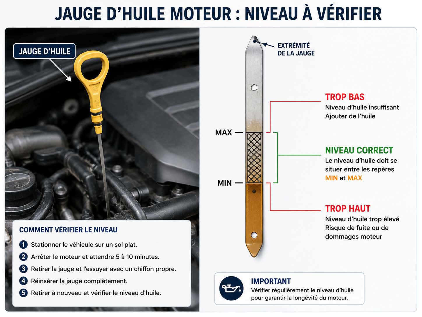 Jauge d'huile moteur avec niveau à vérifier