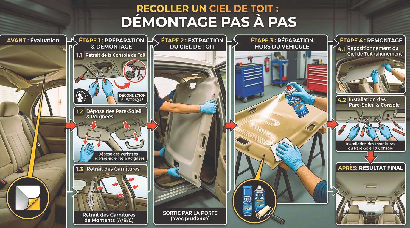 Recoller ciel de toit voiture avec démontage pas à pas
