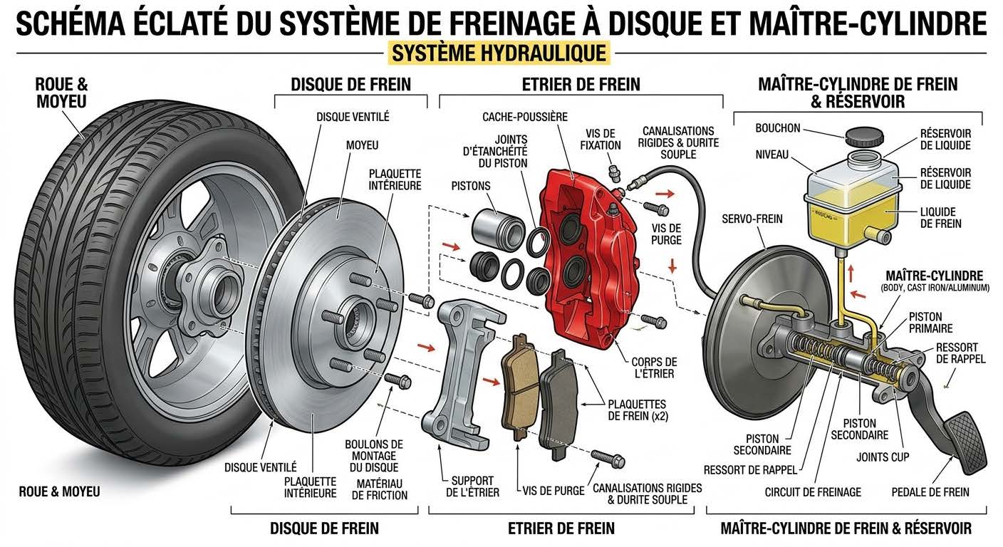 Schéma éclaté d'un système de freinage : disque, plaquette, étrier, maître-cylindre