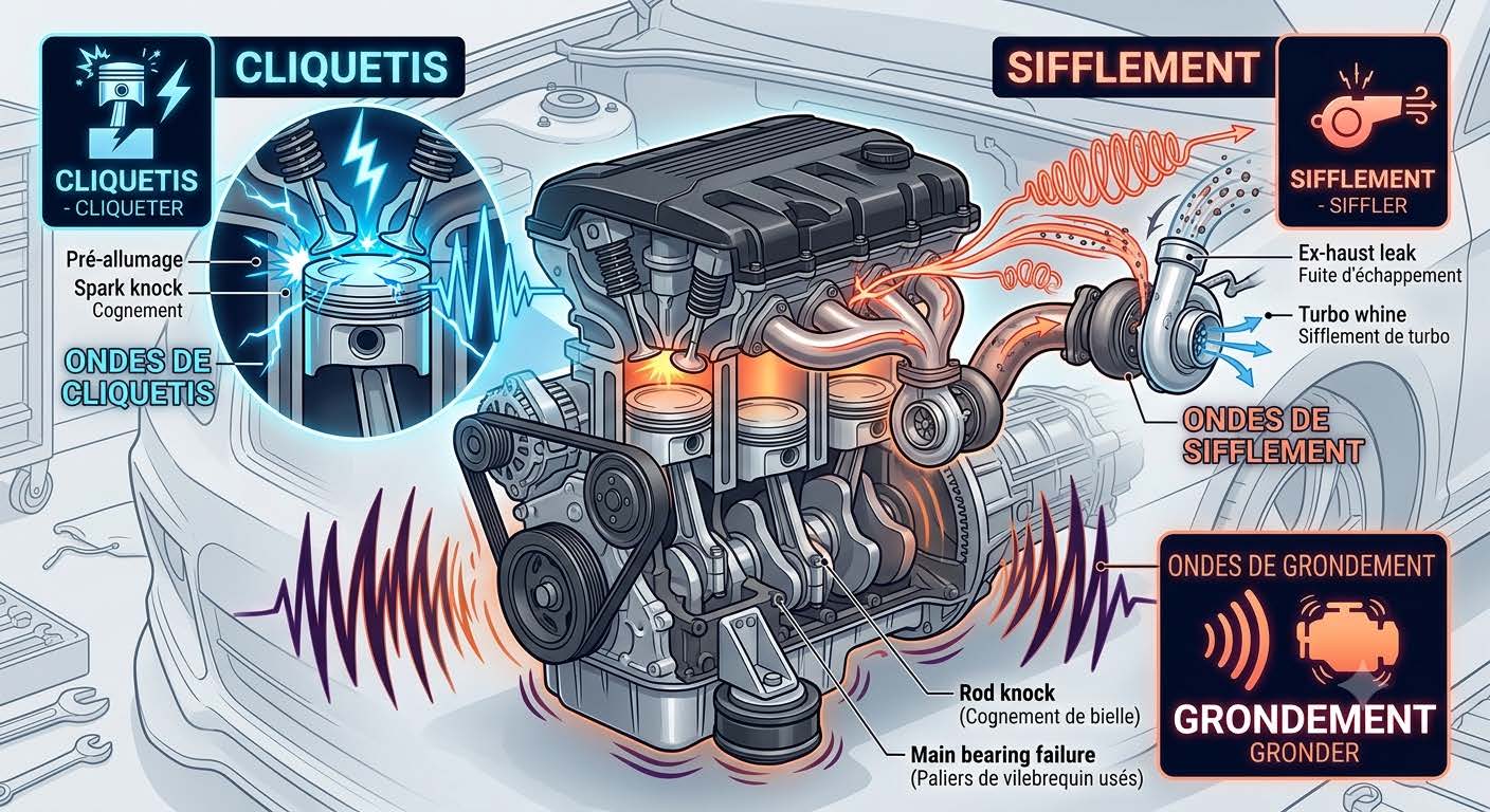 Schéma des pièces moteur pouvant causer un bruit anormal (turbo, distribution, échappement)