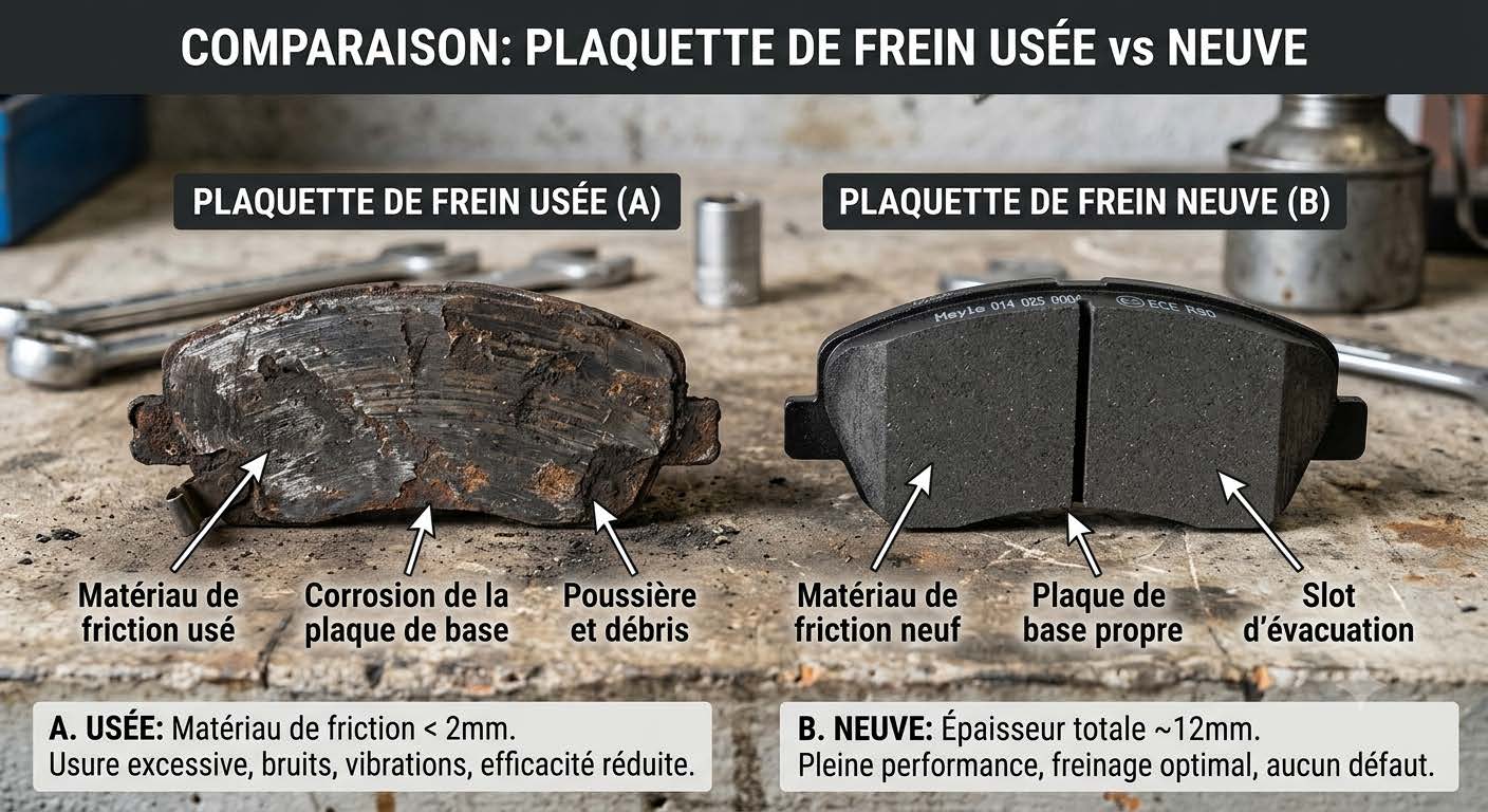 Plaquette de frein usée comparée à une plaquette neuve