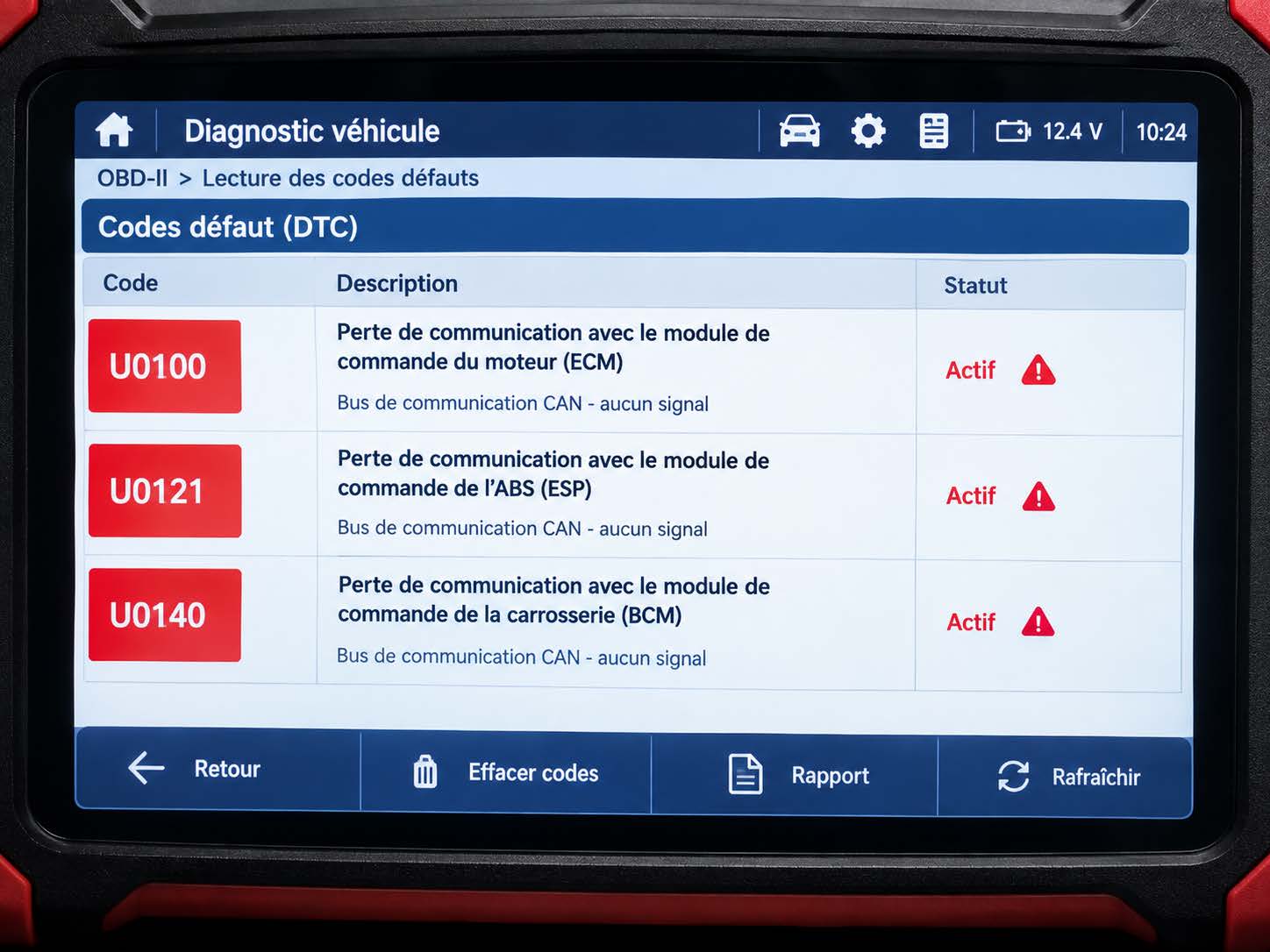 codes défaut U sur une valise de diagnostic automobile : U0100, U0121 et U0140