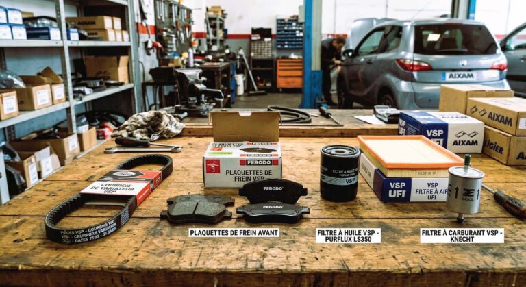 Pièces détachées voiture sans permis : courroie de variateur, plaquettes et filtres disposés sur un établi