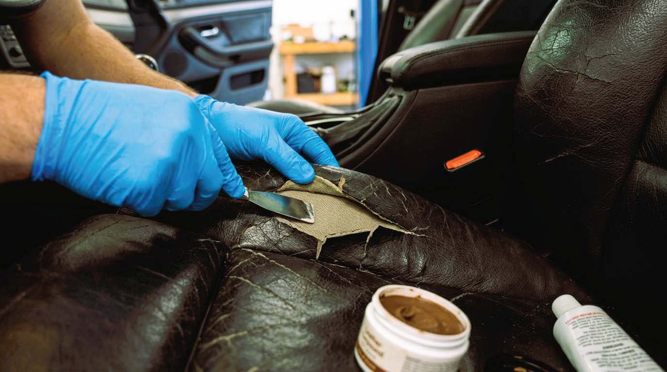 Pose d’un sous-patch sous une déchirure de siège en cuir de voiture