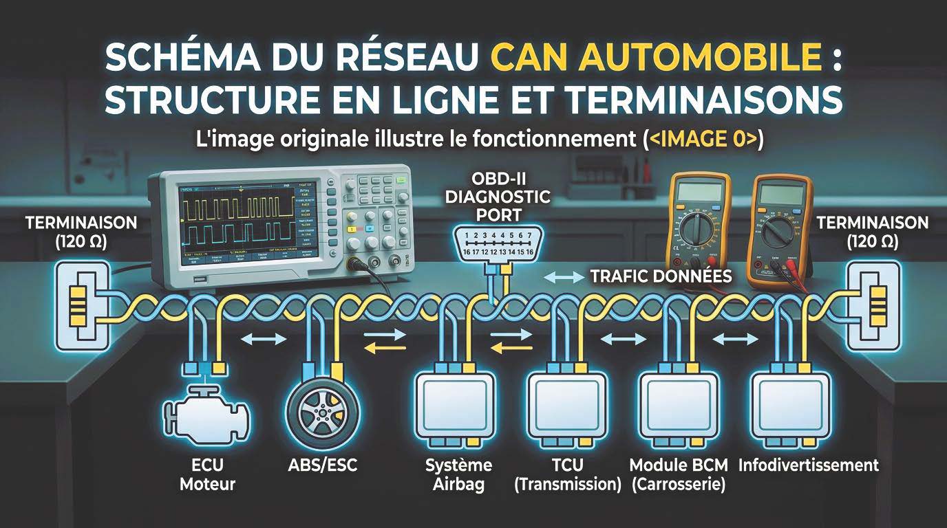 topologie linéaire d'un bus CAN automobile.